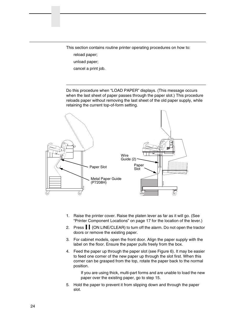 Operational procedures, Reload paper | Printronix P7000 H-Series Cartridge Ribbon Printer User Manual | Page 24 / 220