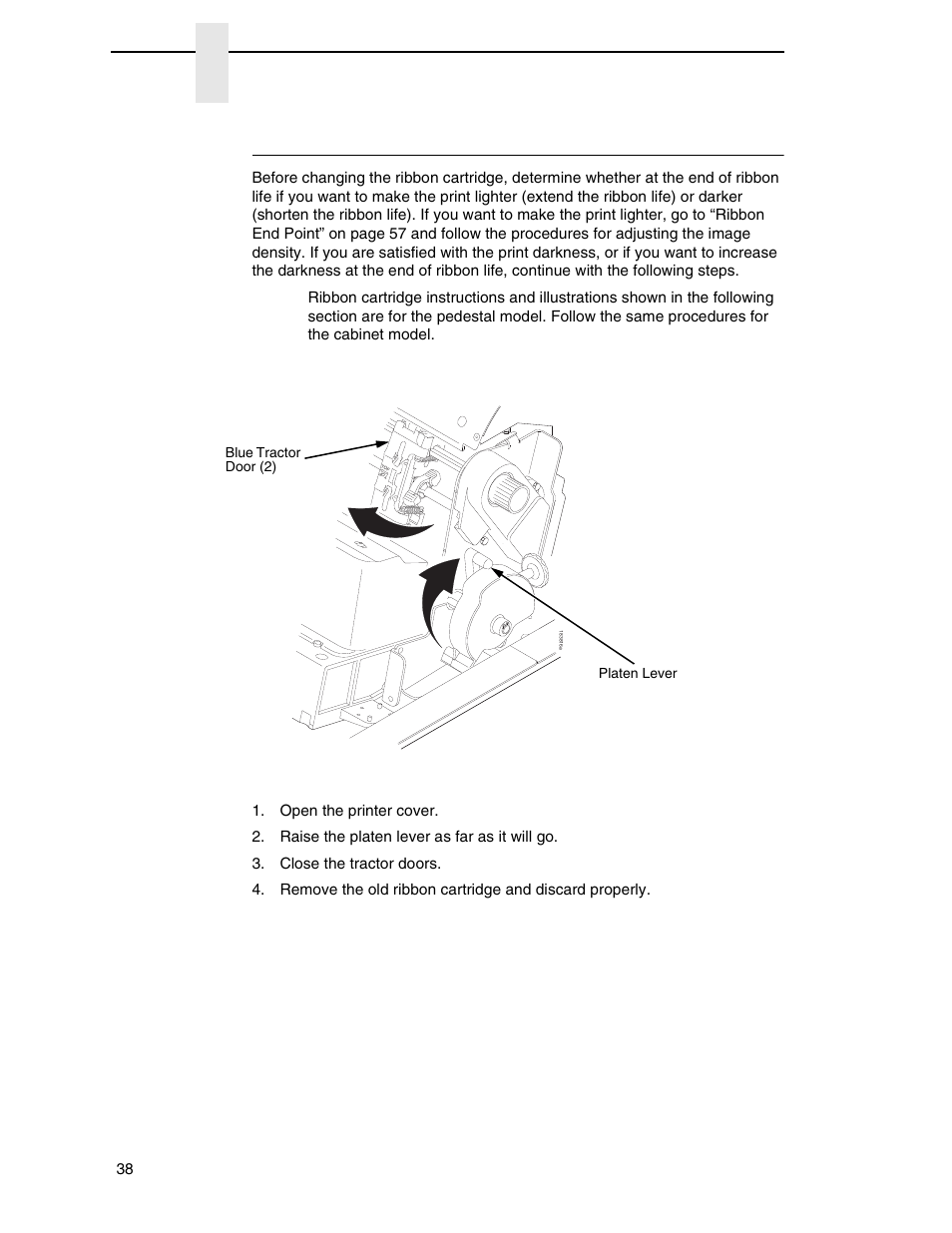 Changing ribbon cartridge, Chapter 3 | Printronix P7000 H-Series Cartridge Ribbon Printer User Manual | Page 38 / 220