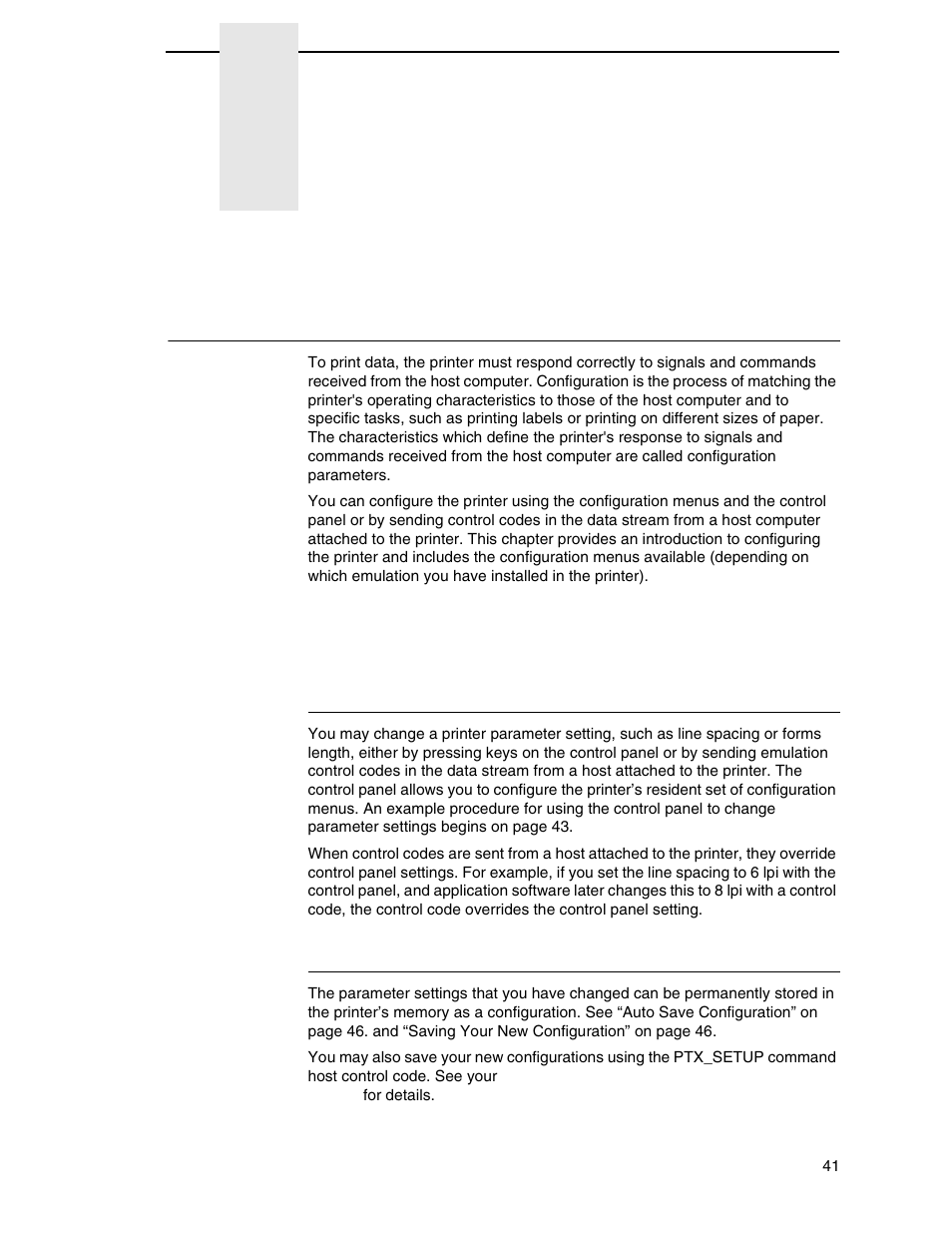 4 the configuration menus, Configuration overview, Changing and saving parameter settings | Saving parameter settings, The configuration menus | Printronix P7000 H-Series Cartridge Ribbon Printer User Manual | Page 41 / 220