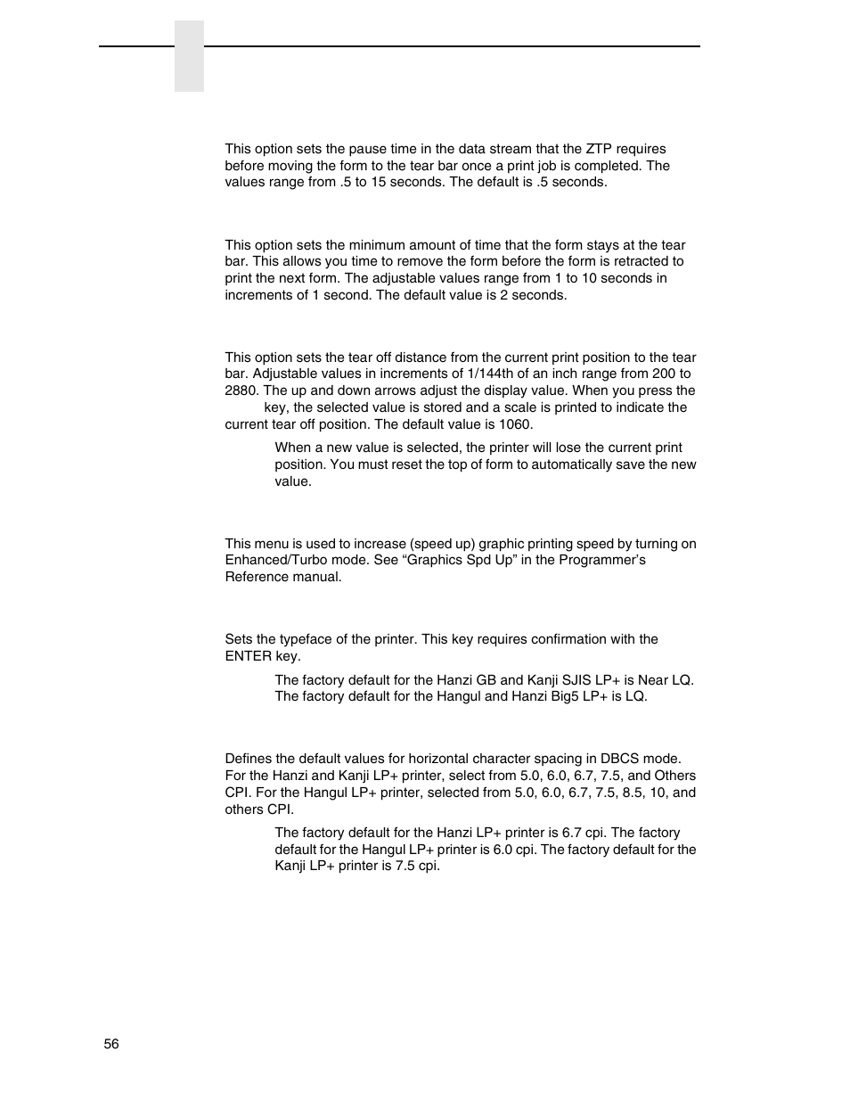 Ztp data time, Ztp wait time, Ztp teardistance | Graphics spd-up, Typeface, Dbcs cpi | Printronix P7000 H-Series Cartridge Ribbon Printer User Manual | Page 56 / 220