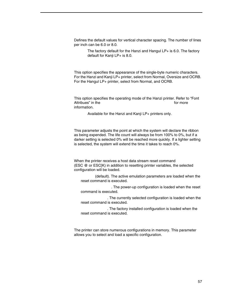 Select lpi, Dbcs ascii style, Dbcs/ascii mode | Ribbon end point, Reset cmd cfg ld, Load config | Printronix P7000 H-Series Cartridge Ribbon Printer User Manual | Page 57 / 220