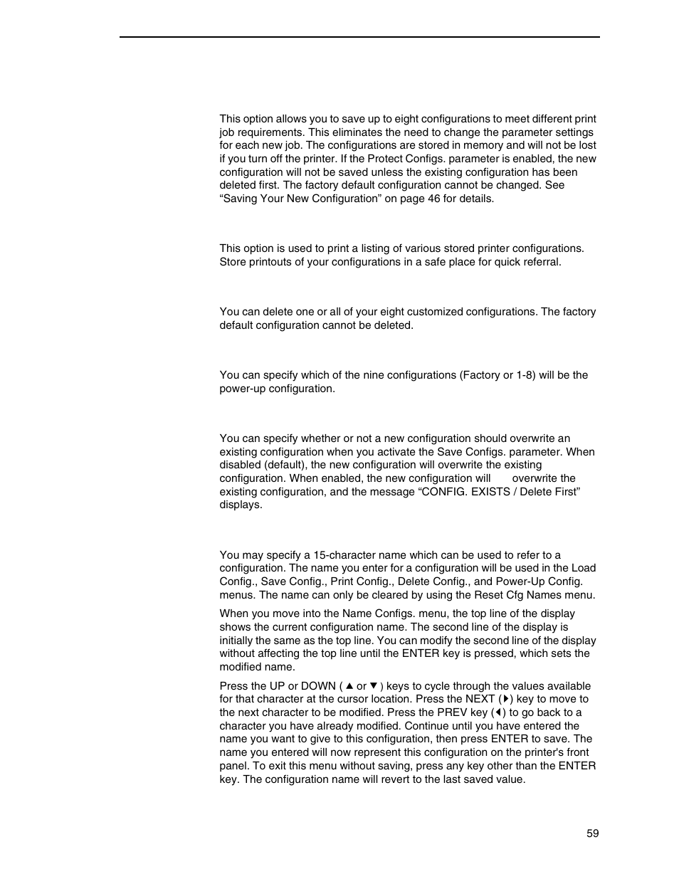 Save config, Print config, Delete config | Power-up config, Protect configs, Name configs | Printronix P7000 H-Series Cartridge Ribbon Printer User Manual | Page 59 / 220