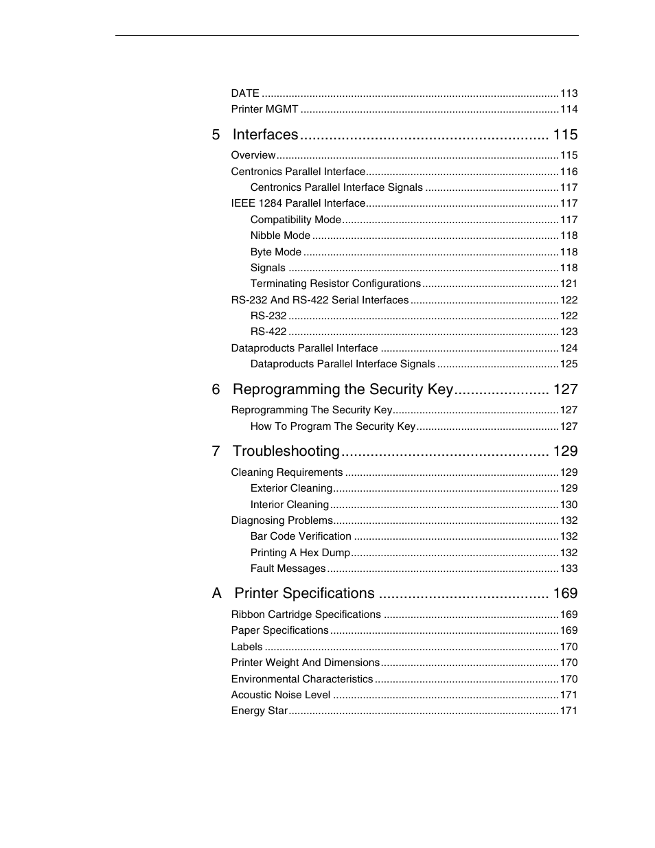 5 interfaces, 6 reprogramming the security key, 7 troubleshooting | A printer specifications | Printronix P7000 H-Series Cartridge Ribbon Printer User Manual | Page 7 / 220