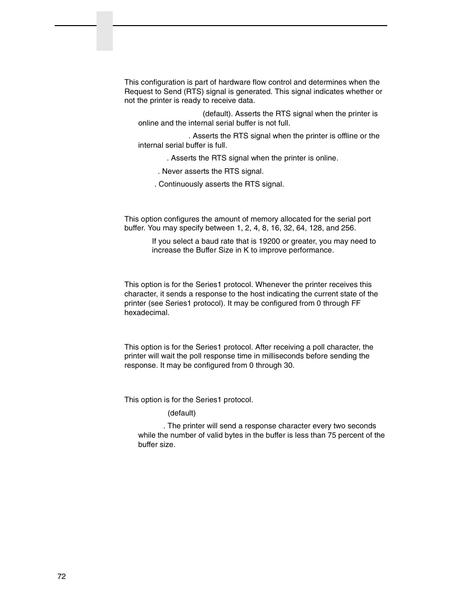 Request to send, Buffer size in k, Poll character | Poll response, Idle response | Printronix P7000 H-Series Cartridge Ribbon Printer User Manual | Page 72 / 220