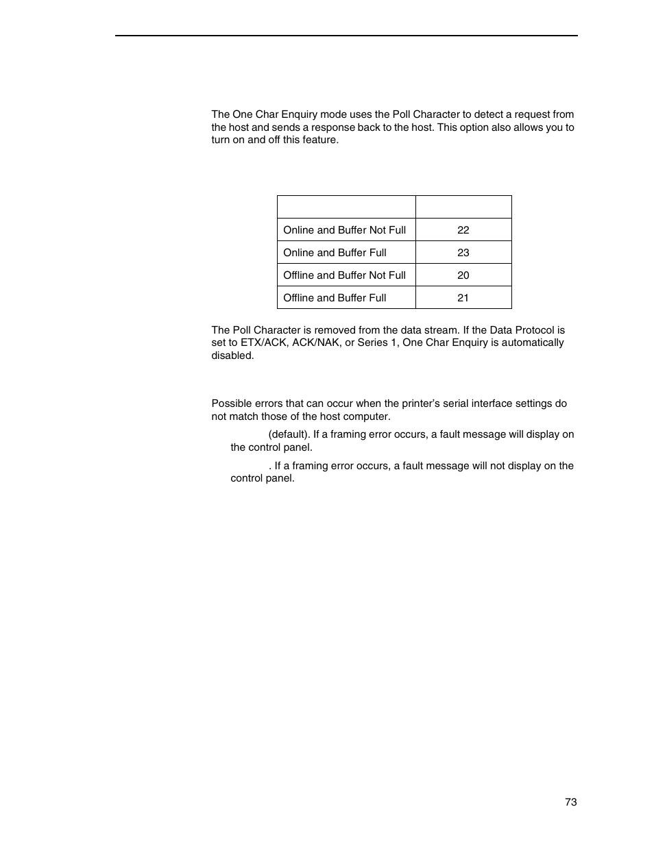 One char enquiry, Framing errors | Printronix P7000 H-Series Cartridge Ribbon Printer User Manual | Page 73 / 220