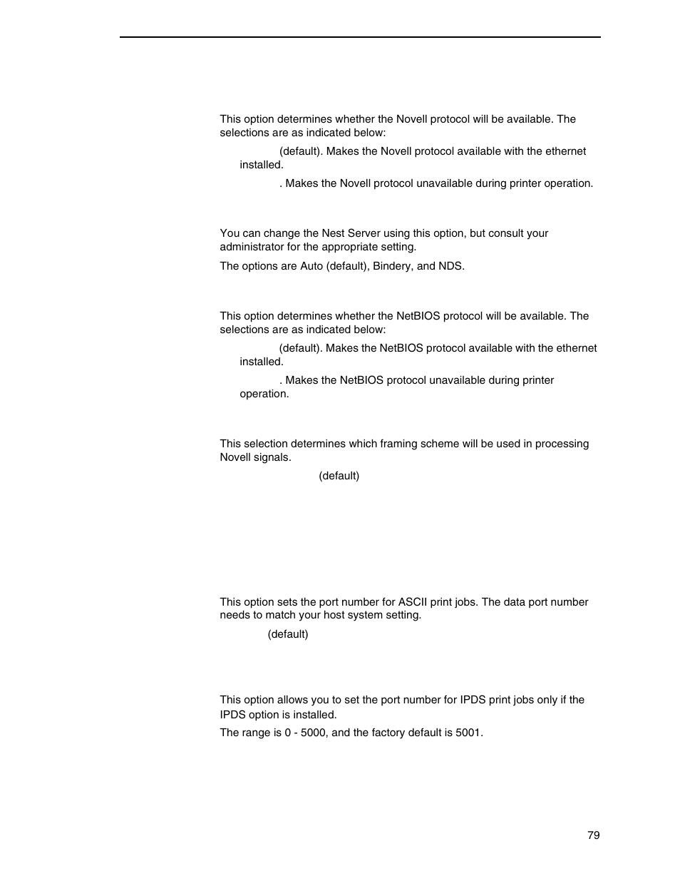 Novell protocol, Nest serv type, Netbios protocol | Novell frame, Ascii data port, Ipds data port | Printronix P7000 H-Series Cartridge Ribbon Printer User Manual | Page 79 / 220