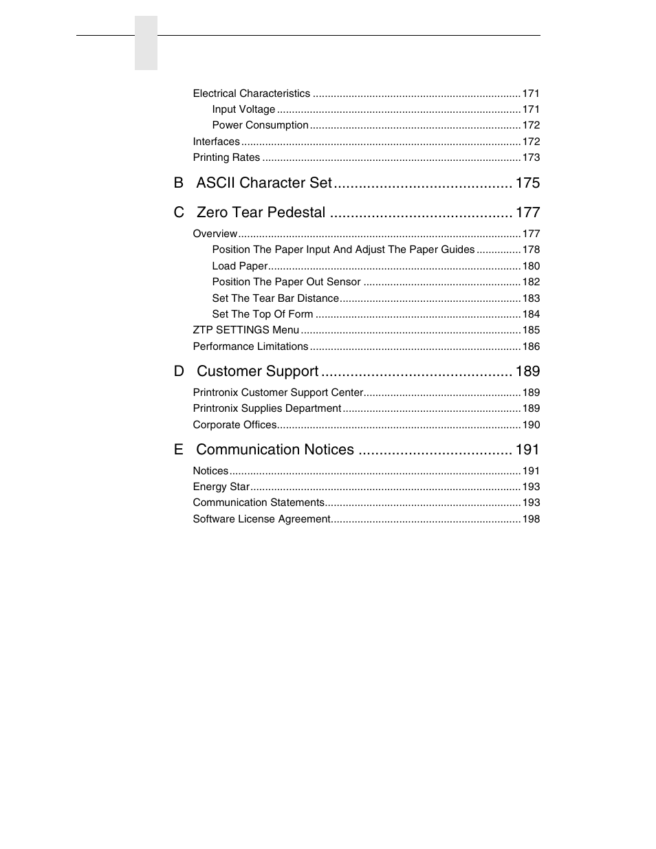 B ascii character set c zero tear pedestal, D customer support, E communication notices | Printronix P7000 H-Series Cartridge Ribbon Printer User Manual | Page 8 / 220