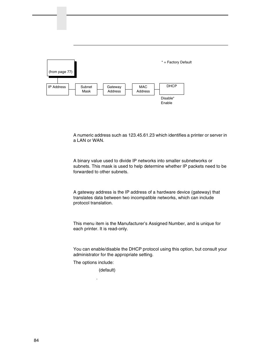 Wlan address, Ip address, Subnet mask | Gateway address, Mac address, Dhcp | Printronix P7000 H-Series Cartridge Ribbon Printer User Manual | Page 84 / 220