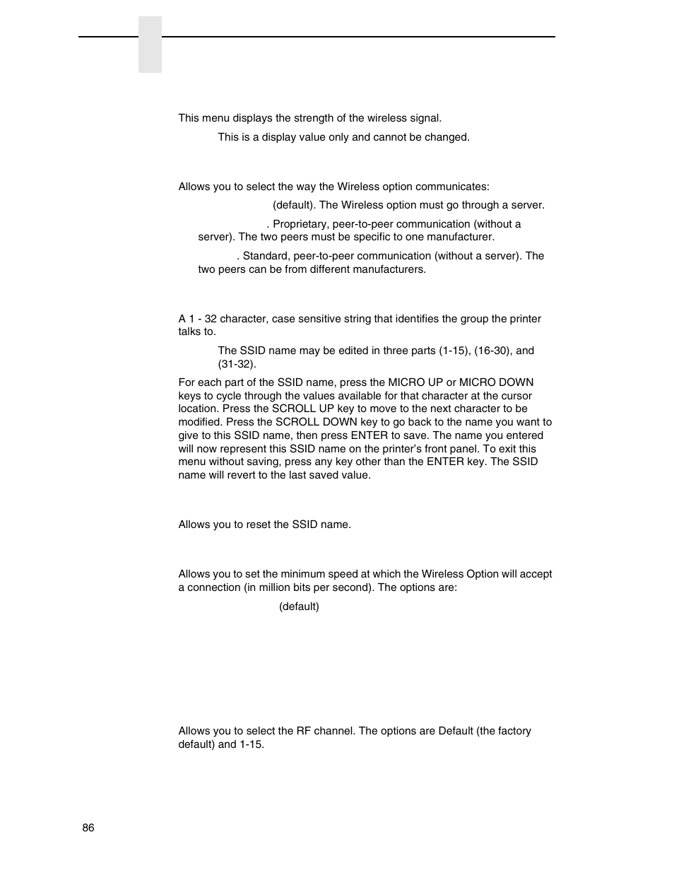 Signal strength, Operation mode, Ssid name | Reset ssid name, Min xfer rate, Channel | Printronix P7000 H-Series Cartridge Ribbon Printer User Manual | Page 86 / 220