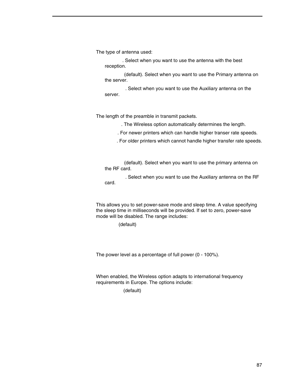 Ant. diversity, Preamble, Antenna | Power mgmt, Transmit power, Internat. mode | Printronix P7000 H-Series Cartridge Ribbon Printer User Manual | Page 87 / 220