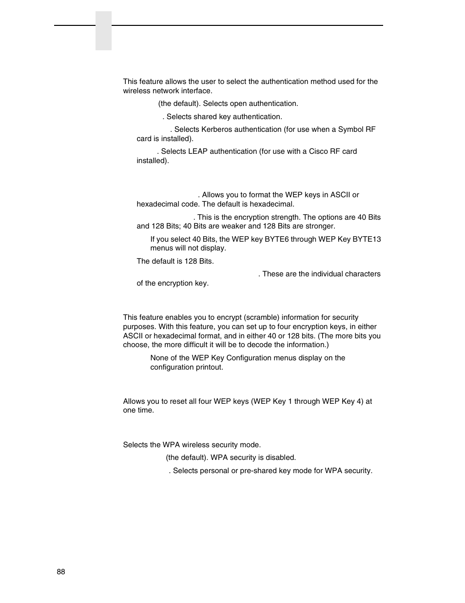 Auth method, Wep key 1 through wep key 4, Default wep key | Reset wep keys, Wpa mode | Printronix P7000 H-Series Cartridge Ribbon Printer User Manual | Page 88 / 220