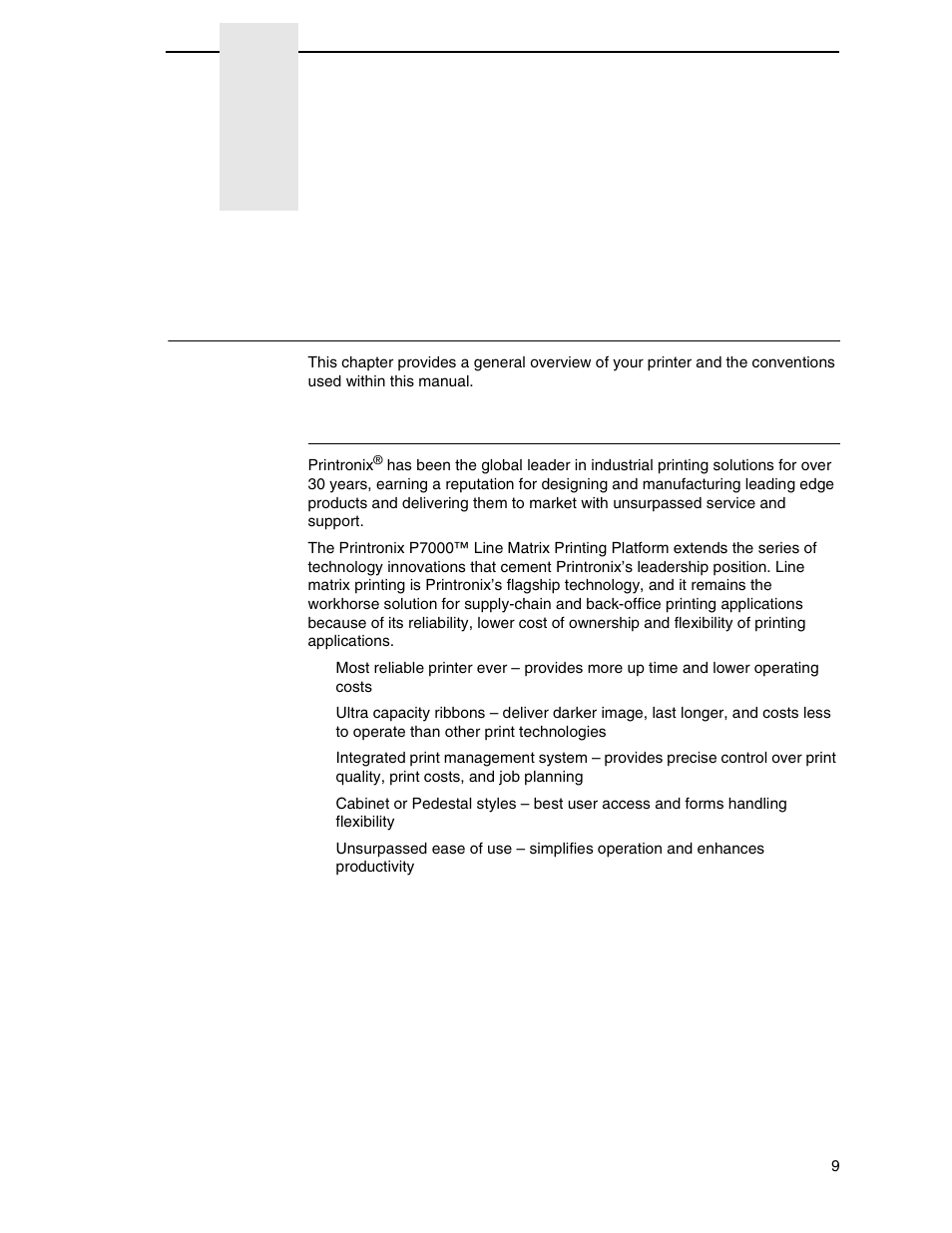 1 introduction, Printer overview, Printronix p7000 h-series printers | Introduction | Printronix P7000 H-Series Cartridge Ribbon Printer User Manual | Page 9 / 220