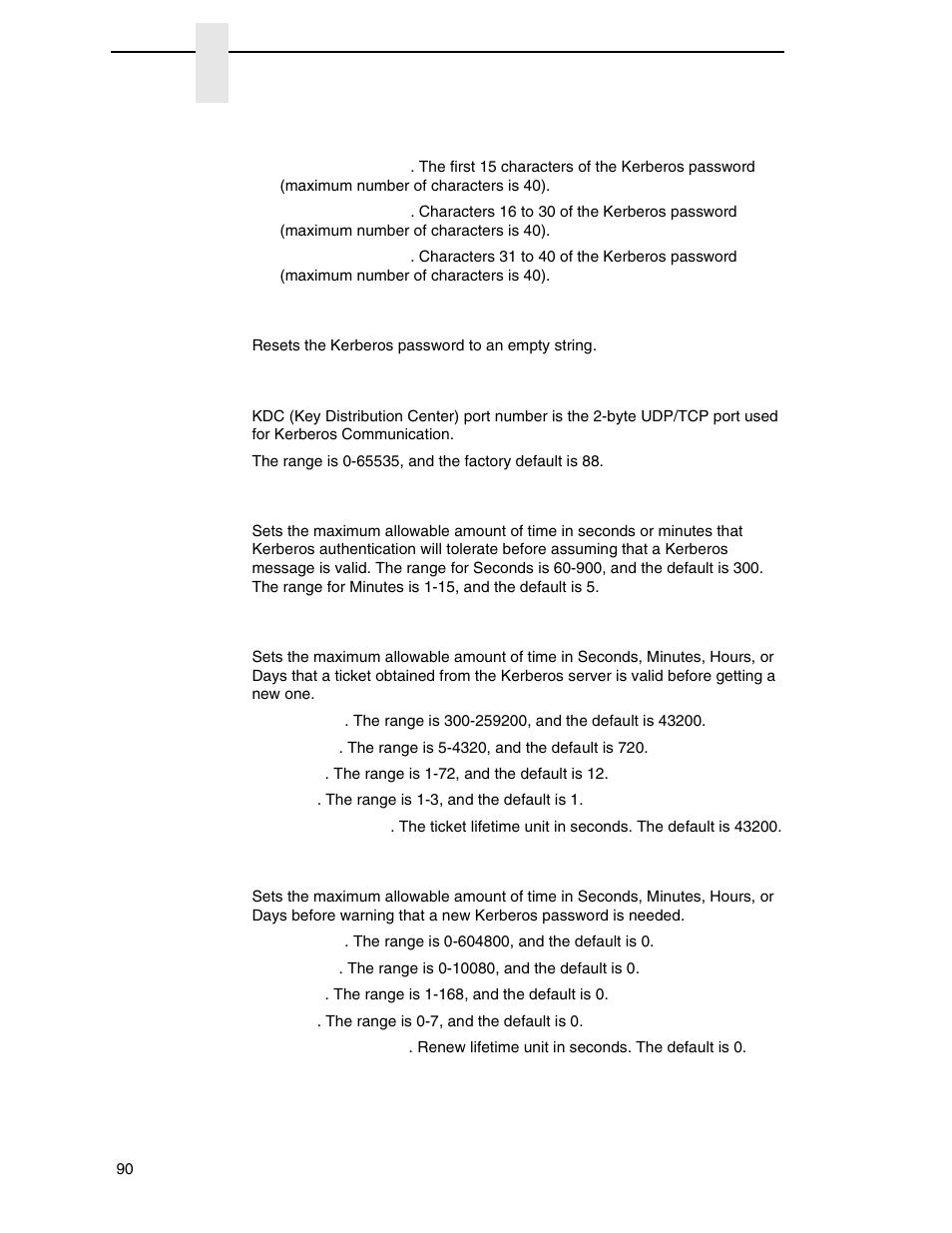 Kerb. passwd, Reset kerb. pwd, Kdc port number | Clock skew, Ticket lifetime, Renew lifetime | Printronix P7000 H-Series Cartridge Ribbon Printer User Manual | Page 90 / 220