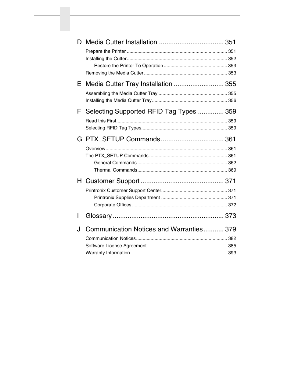 D media cutter installation, E media cutter tray installation, F selecting supported rfid tag types | G ptx_setup commands, H customer support, Iglossary j communication notices and warranties | Printronix SL_T5R Energy Star User Manual | Page 10 / 412