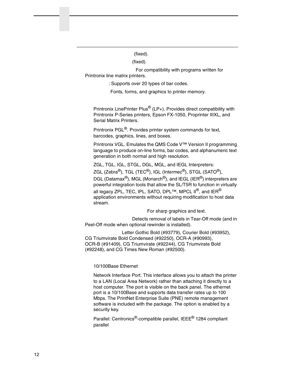 Standard features | Printronix SL_T5R Energy Star User Manual | Page 12 / 412