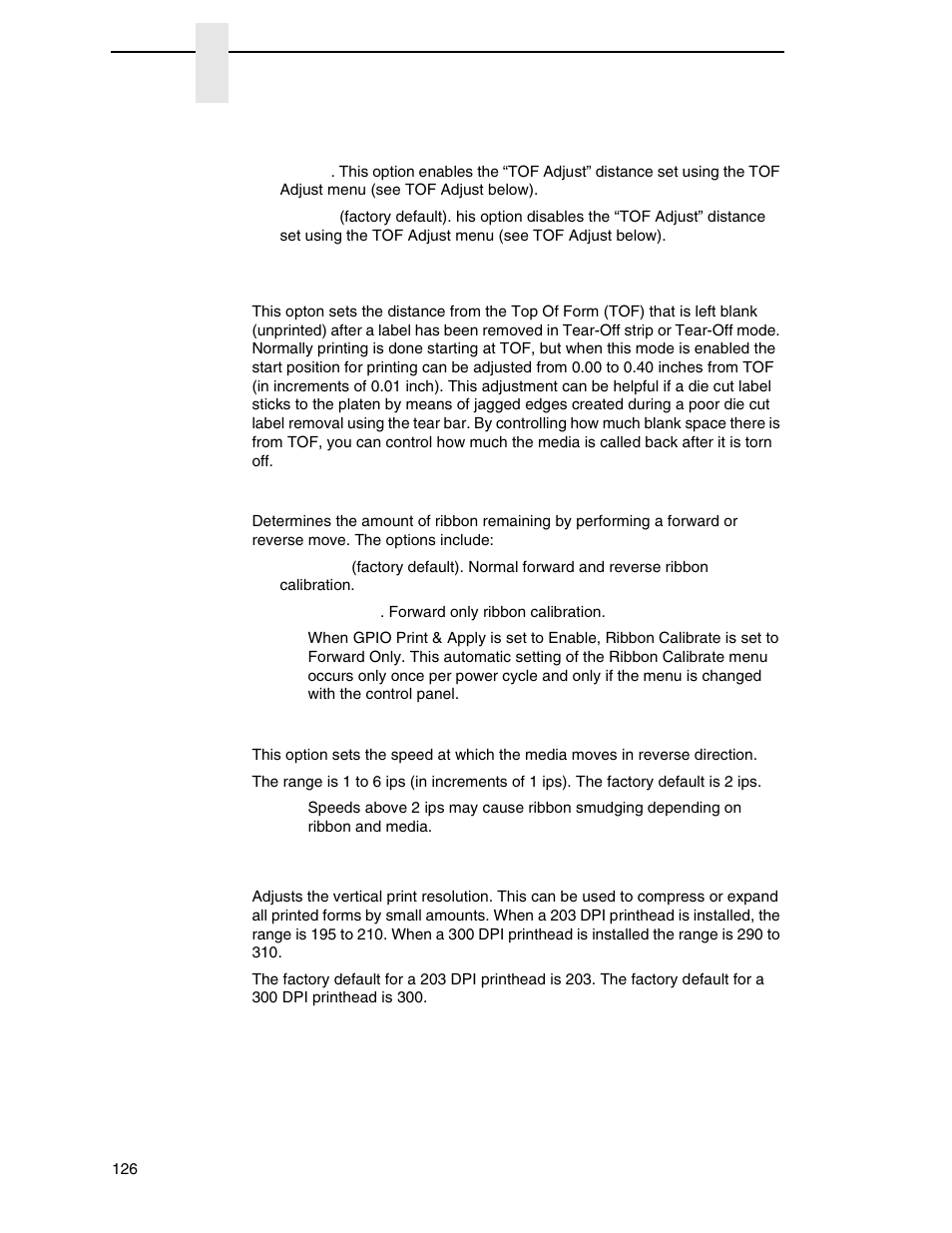 Ribbon calibrate, Reverse speed, Vertical dpi adjust | Printronix SL_T5R Energy Star User Manual | Page 126 / 412