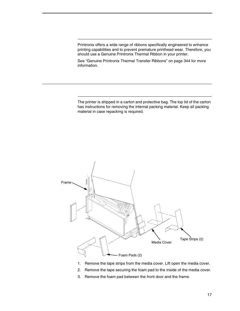 Ribbons, Setting up the printer, Unpacking the printer | Printronix SL_T5R Energy Star User Manual | Page 17 / 412