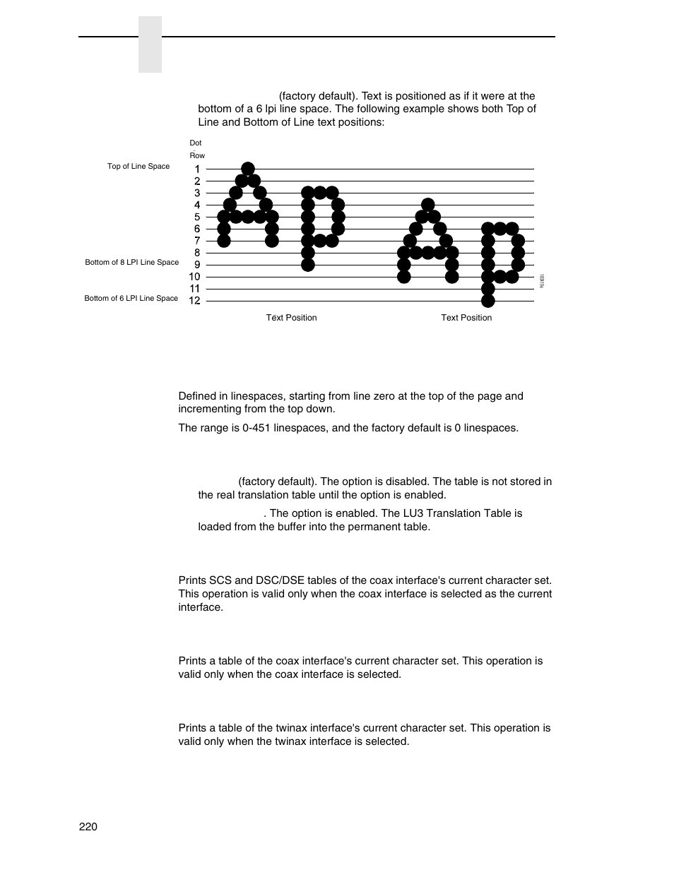 Chapter 3, Top margin, Translate table | Translation tbl (coax, tn3270), Translation tbl (spc coax), Translation tbl (spc twinax) | Printronix SL_T5R Energy Star User Manual | Page 220 / 412