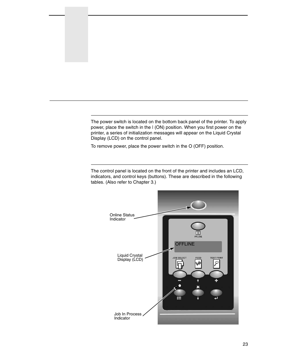 2 operation, Controls and indicators, Power switch | Control panel, Operation | Printronix SL_T5R Energy Star User Manual | Page 23 / 412