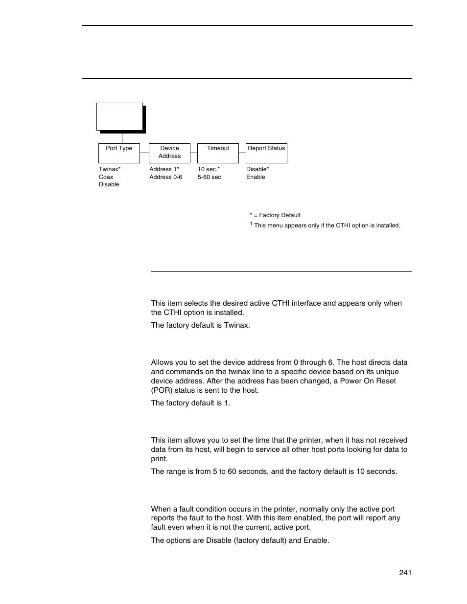 C/t port, C/t port submenus, Port type | Device address, Timeout, Report status | Printronix SL_T5R Energy Star User Manual | Page 241 / 412