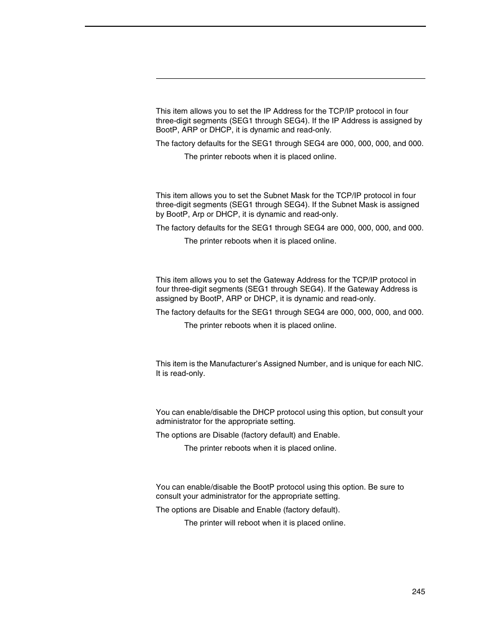 Ethernet address submenus | Printronix SL_T5R Energy Star User Manual | Page 245 / 412