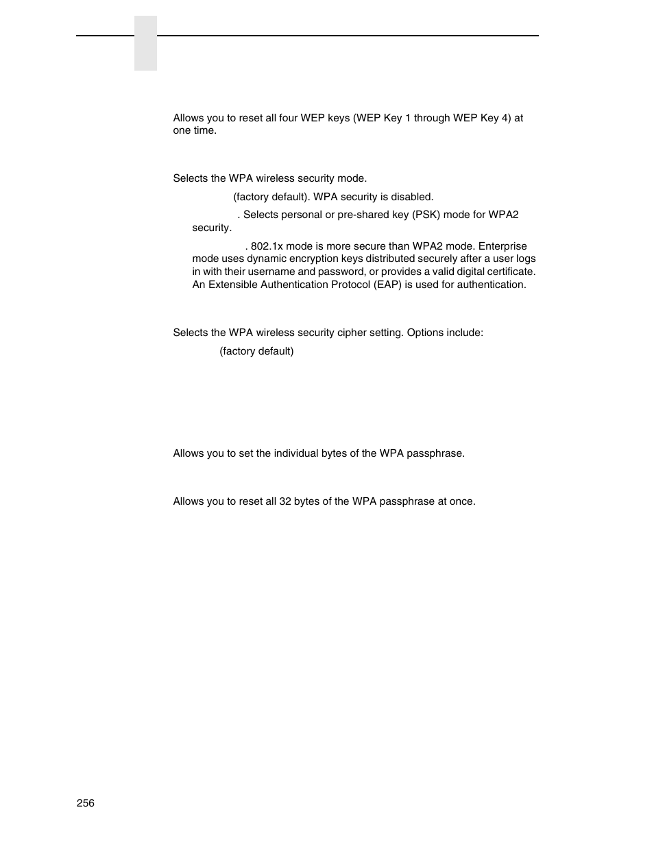 Wpa mode, Wpa cipher, Wpa p-phs | Reset wpa p-phs | Printronix SL_T5R Energy Star User Manual | Page 256 / 412