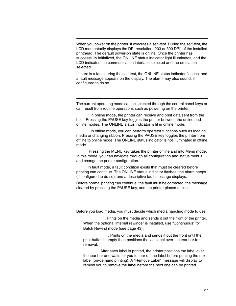 Powering on the printer, Operating modes, Media handling modes | Printronix SL_T5R Energy Star User Manual | Page 27 / 412