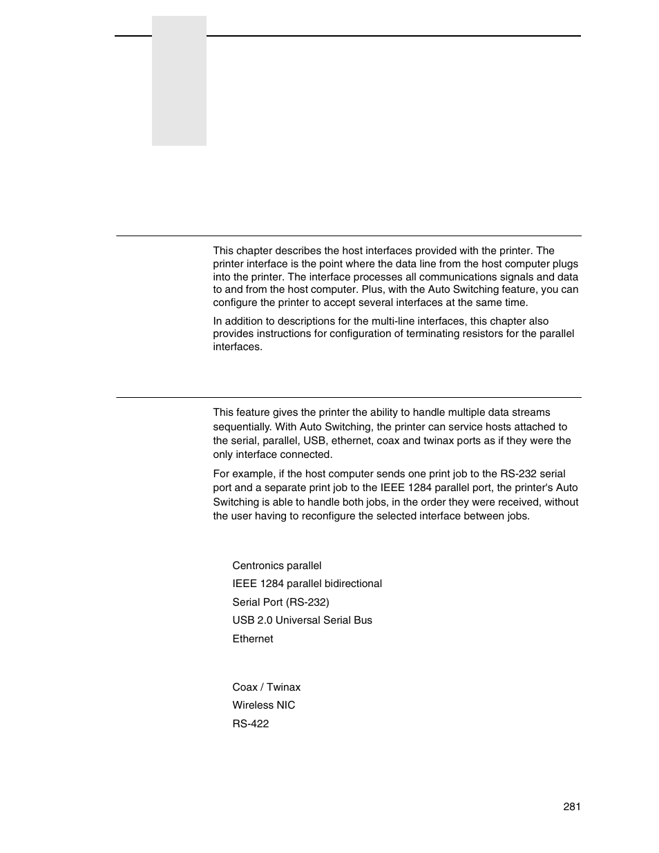 5 interfaces, Overview, Auto switching | Interfaces | Printronix SL_T5R Energy Star User Manual | Page 281 / 412