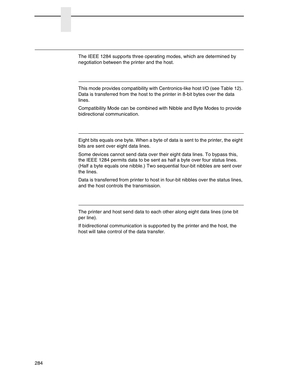 Ieee 1284 parallel interface, Compatibility mode, Nibble mode | Byte mode | Printronix SL_T5R Energy Star User Manual | Page 284 / 412