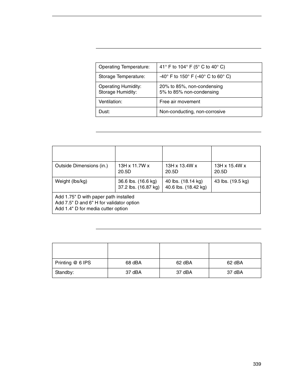 Environmental, Physical, Acoustic specifications | Environmental physical acoustic specifications | Printronix SL_T5R Energy Star User Manual | Page 339 / 412