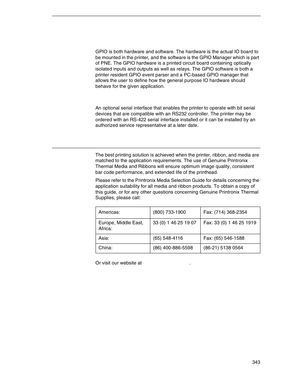 Supplies and accessories, General purpose input/ouput (gpio), Rs-422 | Printronix SL_T5R Energy Star User Manual | Page 343 / 412