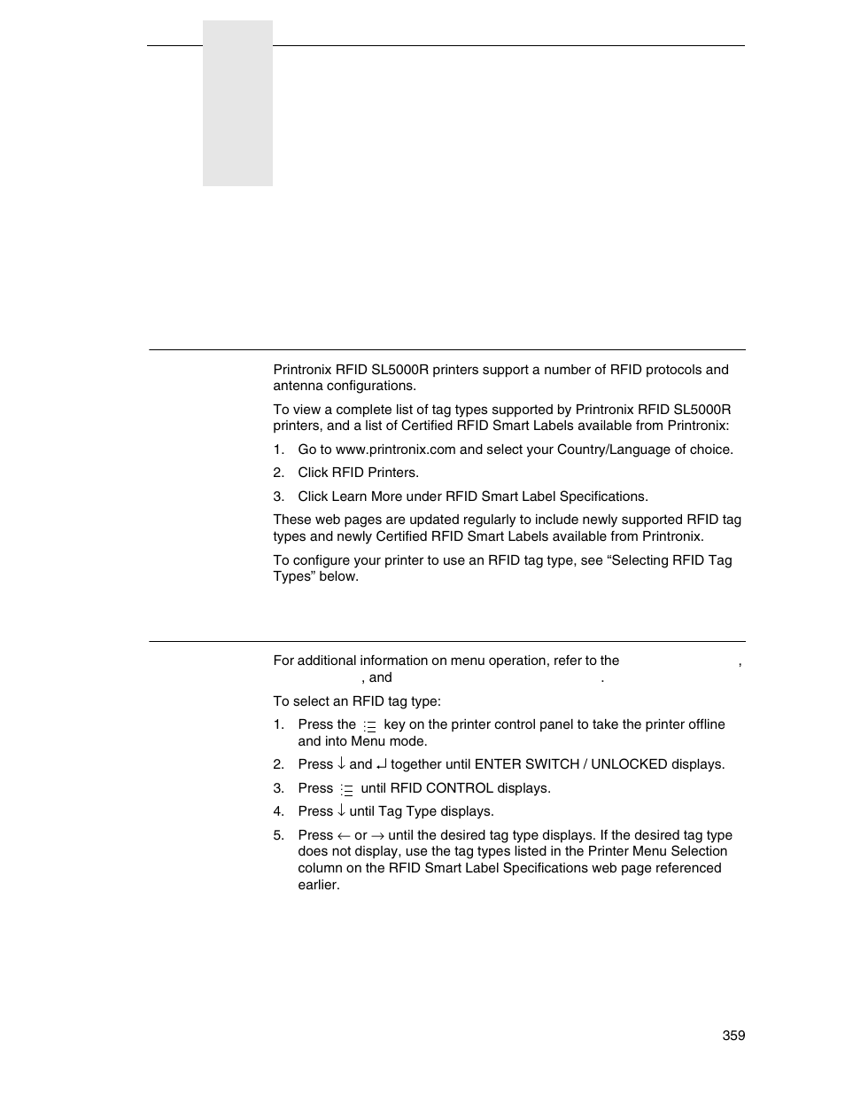 F selecting supported rfid tag types, Read this first, Selecting rfid tag types | Selecting supported, Rfid tag types | Printronix SL_T5R Energy Star User Manual | Page 359 / 412