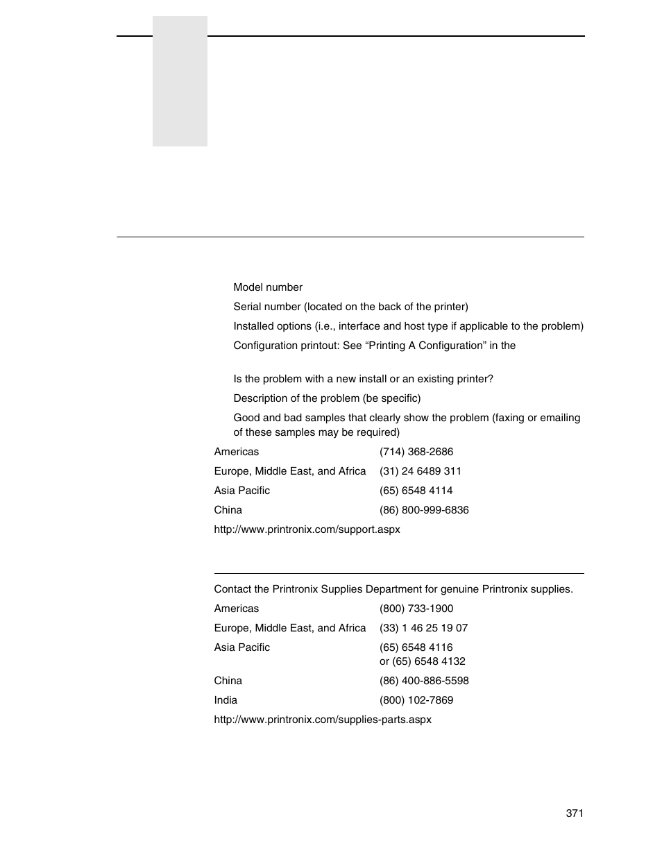 H customer support, Printronix customer support center, Printronix supplies department | Customer support | Printronix SL_T5R Energy Star User Manual | Page 371 / 412