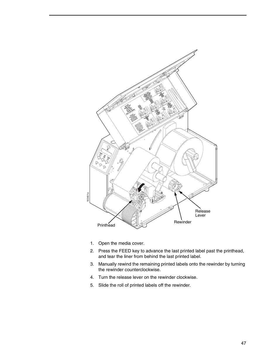 Removing printed media from the rewinder | Printronix SL_T5R Energy Star User Manual | Page 47 / 412