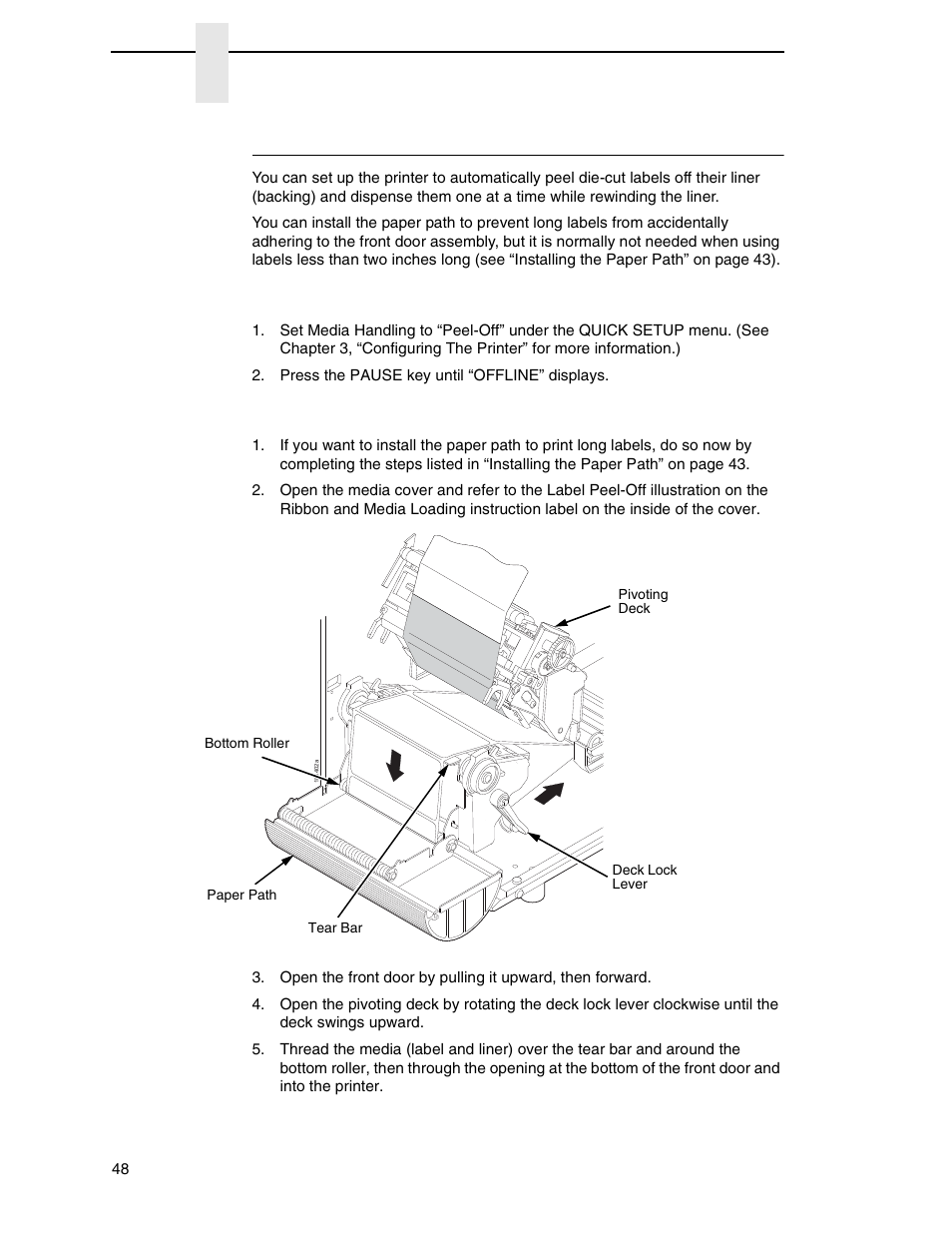 Label peel-off, Configuring the printer menu, Loading media | Printronix SL_T5R Energy Star User Manual | Page 48 / 412