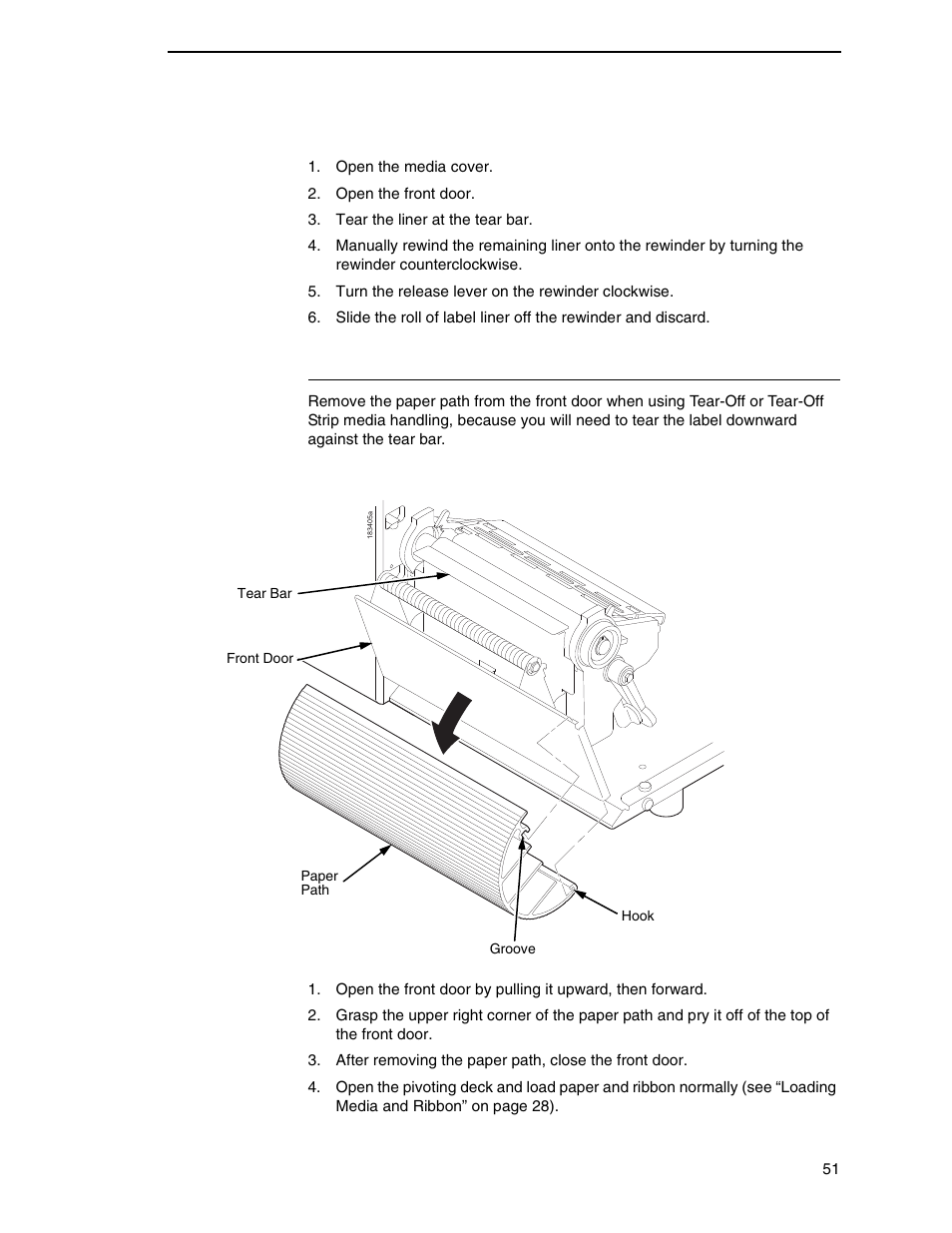 Removing the paper path, Removing label liner from the rewinder | Printronix SL_T5R Energy Star User Manual | Page 51 / 412