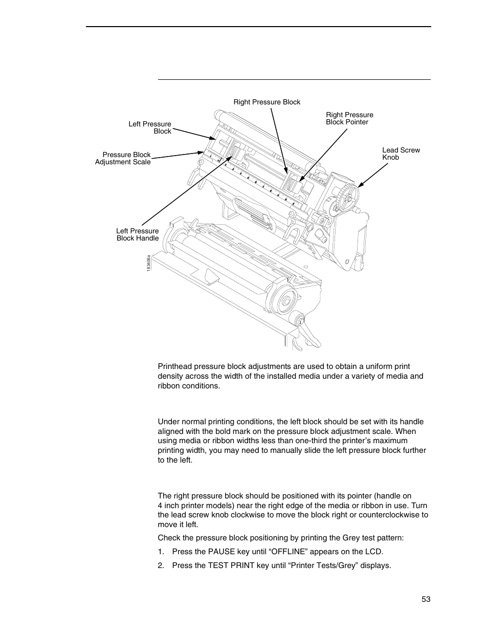 Printhead pressure block adjustments, Printhead, Left pressure block | Right pressure block | Printronix SL_T5R Energy Star User Manual | Page 53 / 412