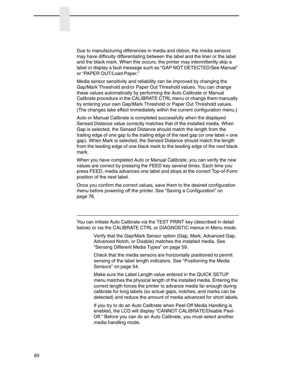 Running auto calibrate, Calibrating the media sensors | Printronix SL_T5R Energy Star User Manual | Page 60 / 412