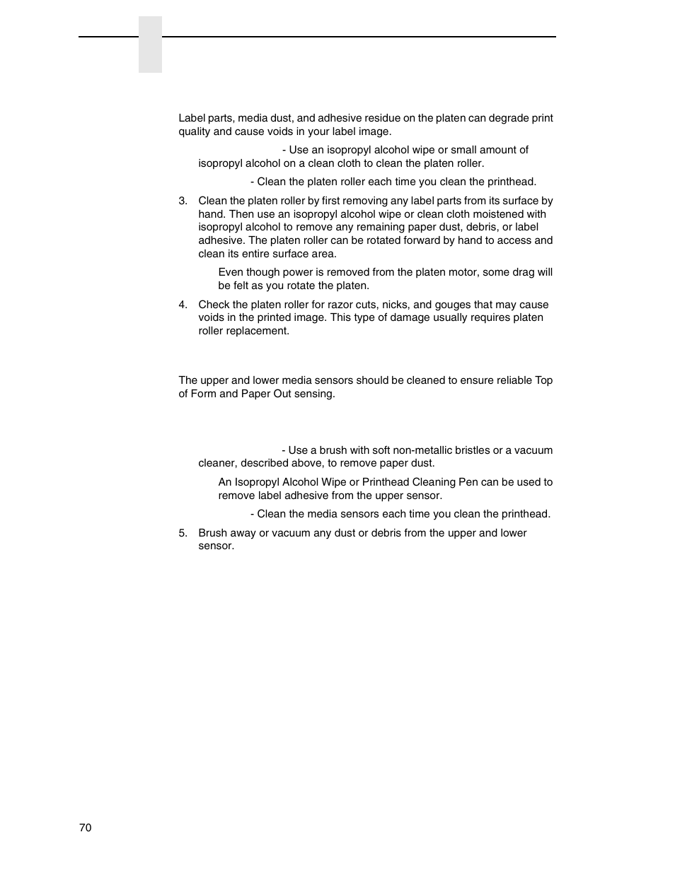 Platen roller cleaning, Media sensor cleaning | Printronix SL_T5R Energy Star User Manual | Page 70 / 412