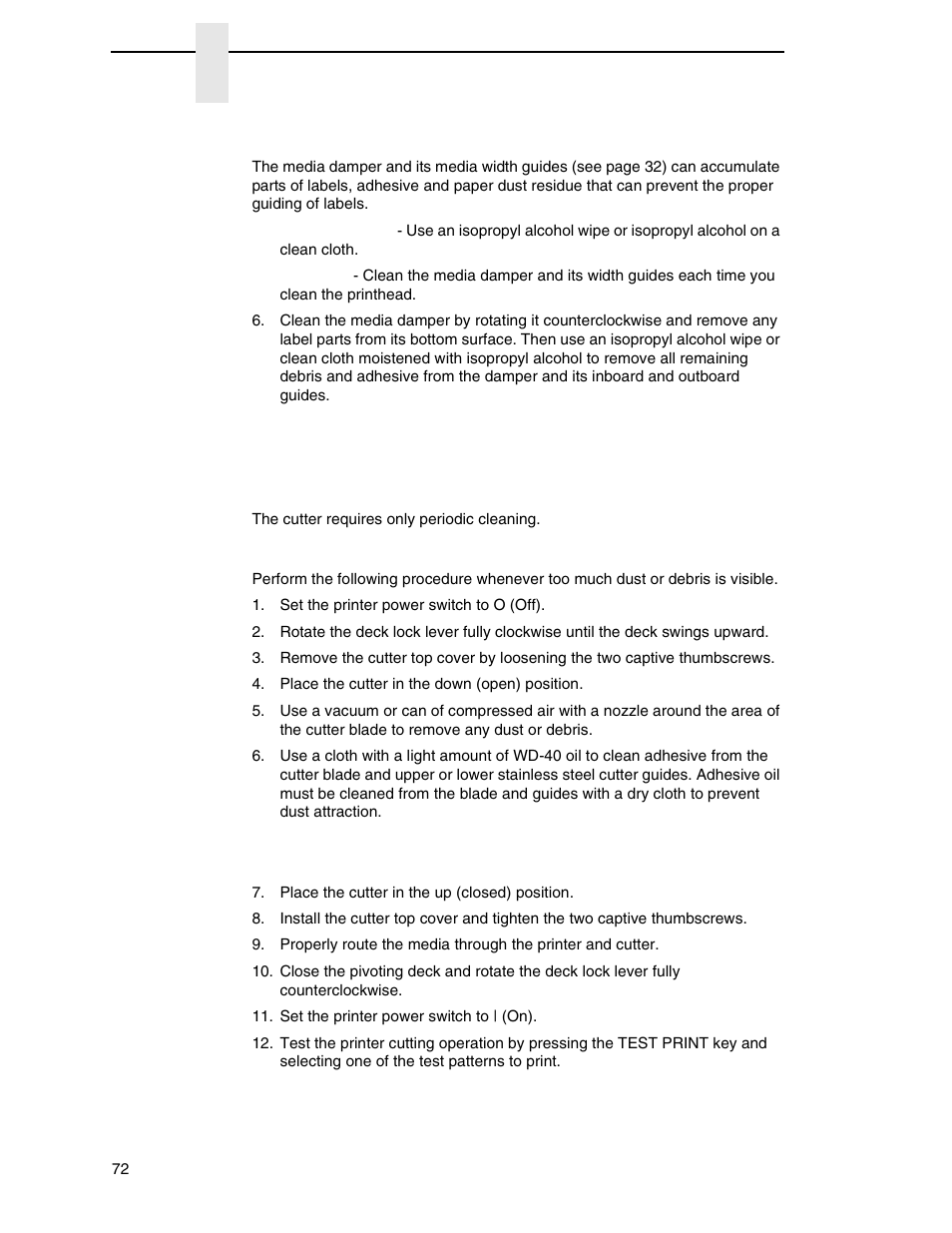 Media damper cleaning, Cutter option cleaning | Printronix SL_T5R Energy Star User Manual | Page 72 / 412