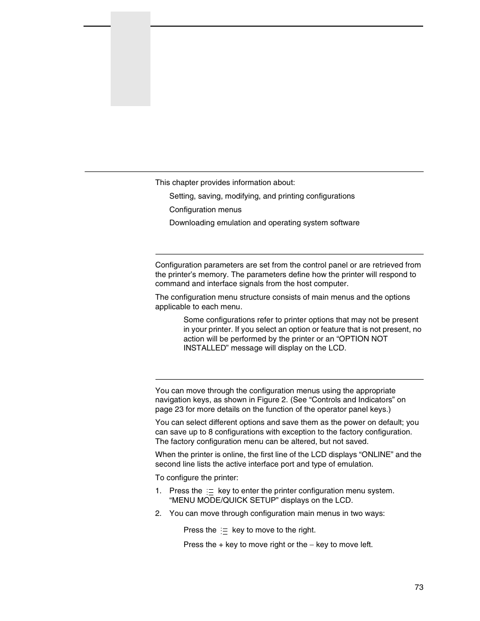 3 configuring the printer, Overview, Setting printer configuration parameters | Moving within the configuration menu, Ter 3, Configuring the printer” f, Configuring the printer | Printronix SL_T5R Energy Star User Manual | Page 73 / 412