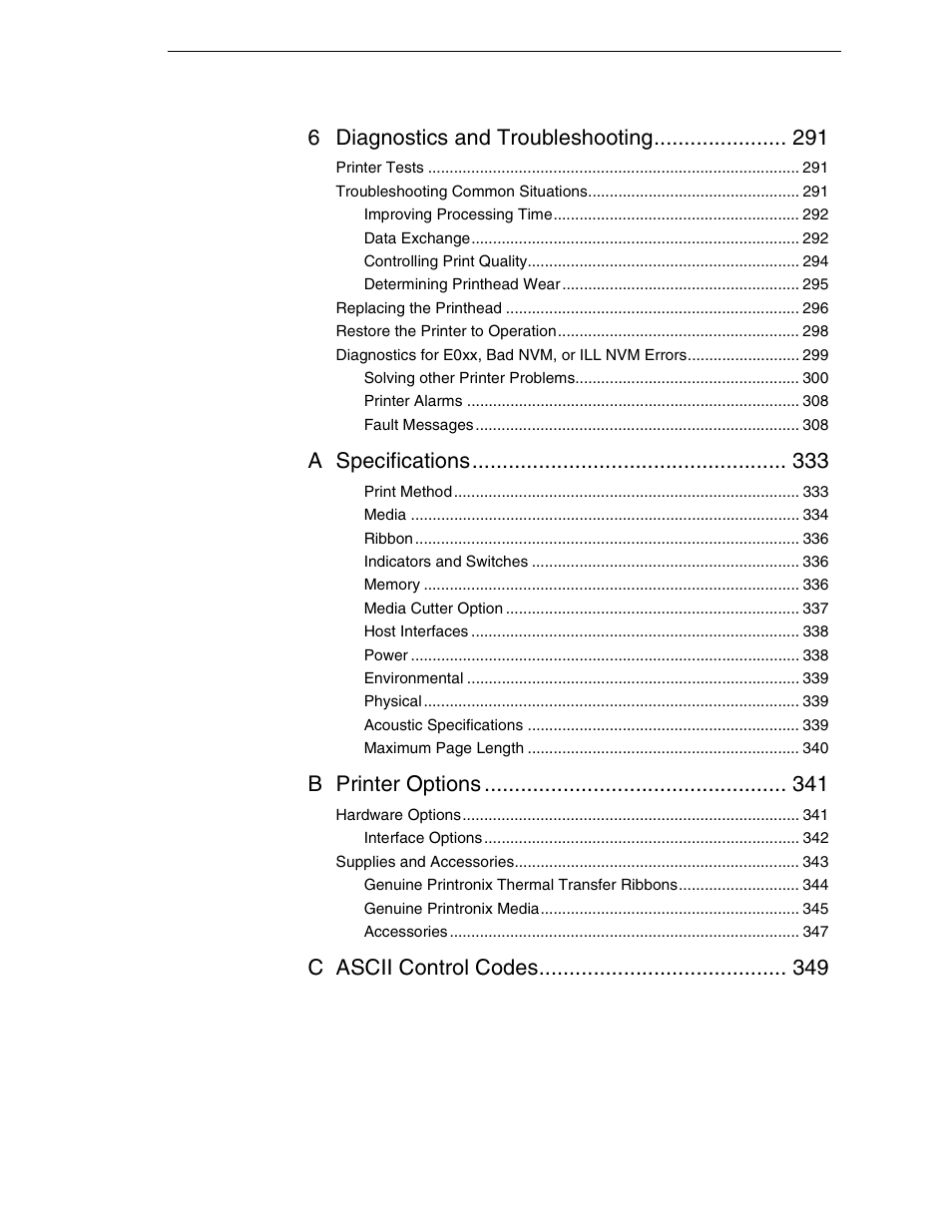 6 diagnostics and troubleshooting, A specifications, B printer options | C ascii control codes | Printronix SL_T5R Energy Star User Manual | Page 9 / 412