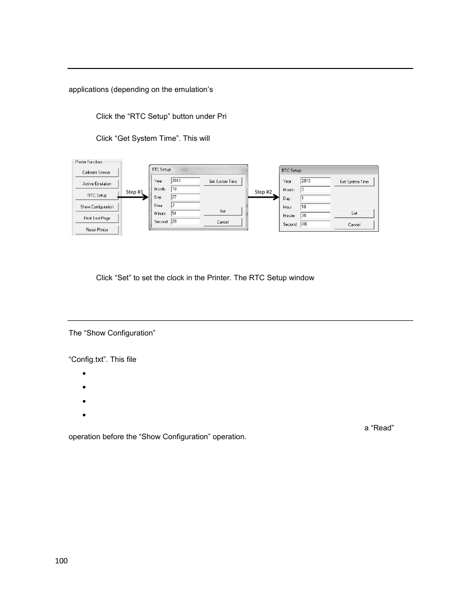 Rtc setup (real-time clock), Show configuration, E 100 | Printronix T2N User Manual | Page 100 / 150