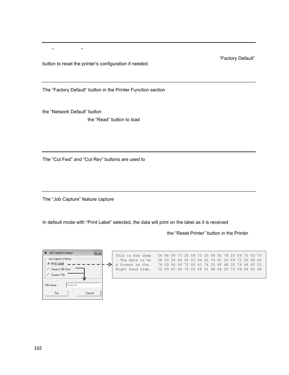 Reset printer, Factory default, Cut fwd and cut rev | Job capture, E 102 | Printronix T2N User Manual | Page 102 / 150