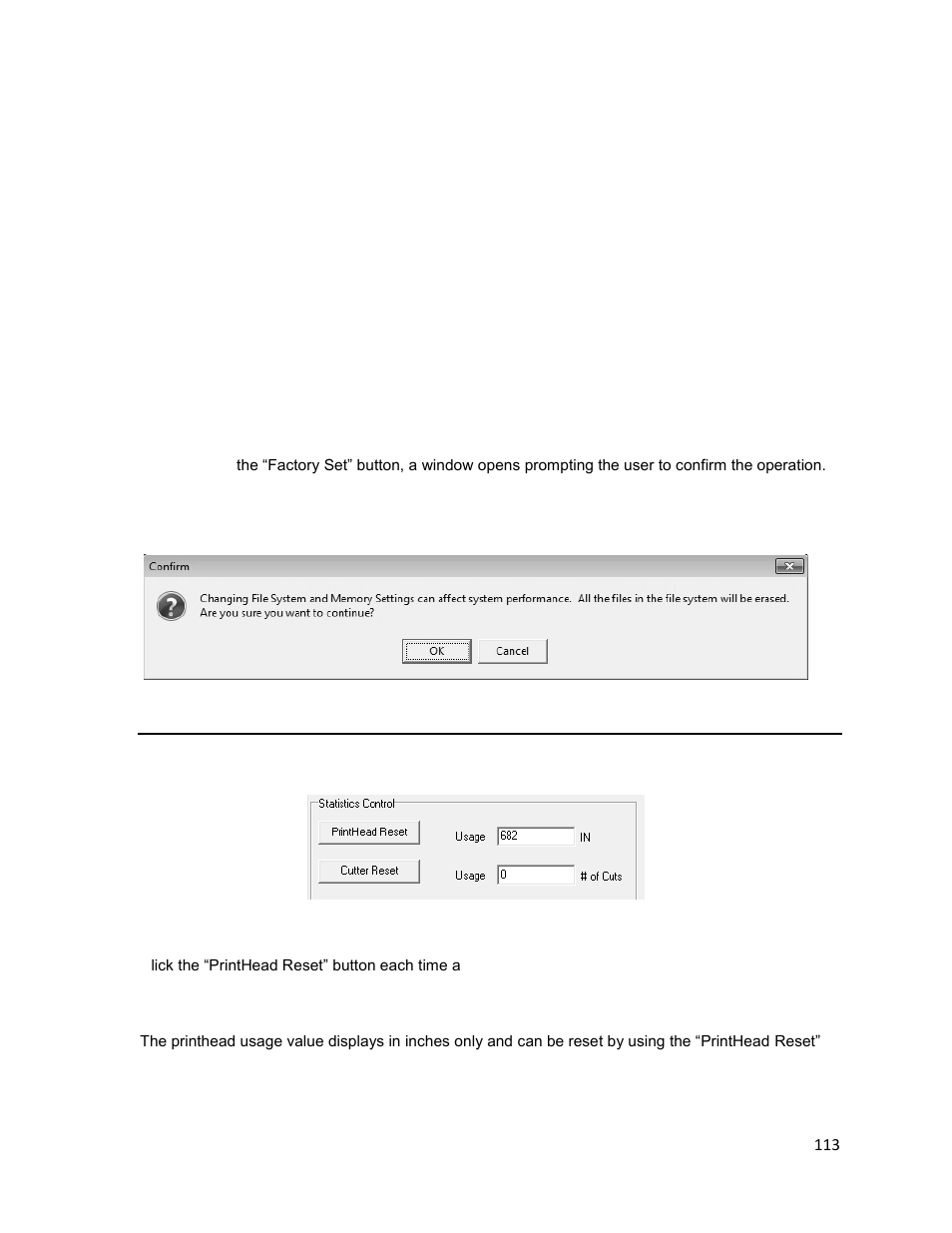 Statistics control, Printhead reset, E 113) | Printronix T2N User Manual | Page 113 / 150