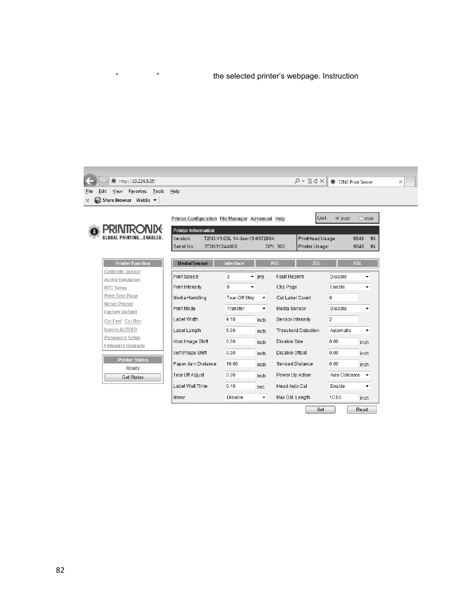 Web setup | Printronix T2N User Manual | Page 82 / 150