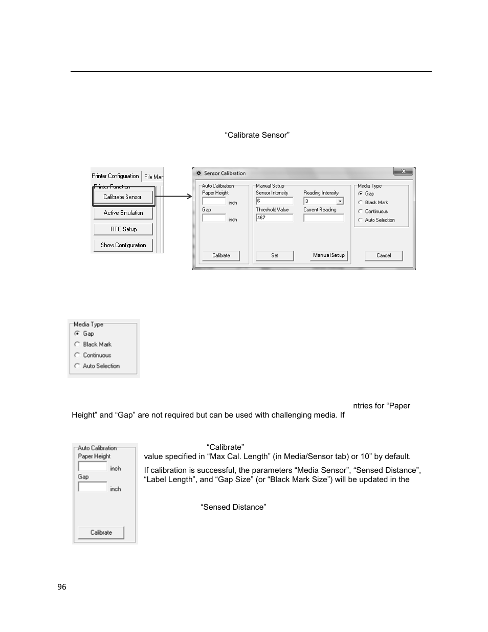 Calibrate sensor, E 96) | Printronix T2N User Manual | Page 96 / 150