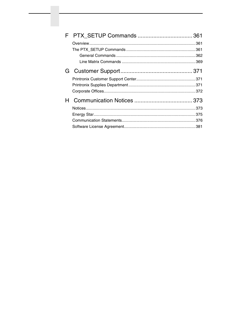 F ptx_setup commands, G customer support, H communication notices | Printronix P8000 Series Cartridge Ribbon Printer User Manual | Page 10 / 414