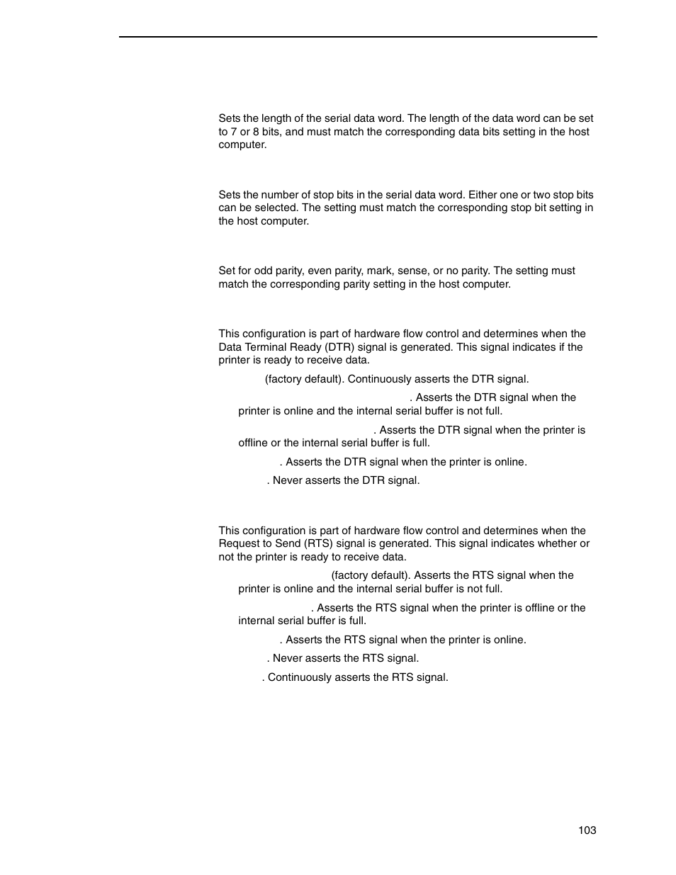 Word length, Stop bits 1, Parity | Data term ready, Request to send | Printronix P8000 Series Cartridge Ribbon Printer User Manual | Page 103 / 414