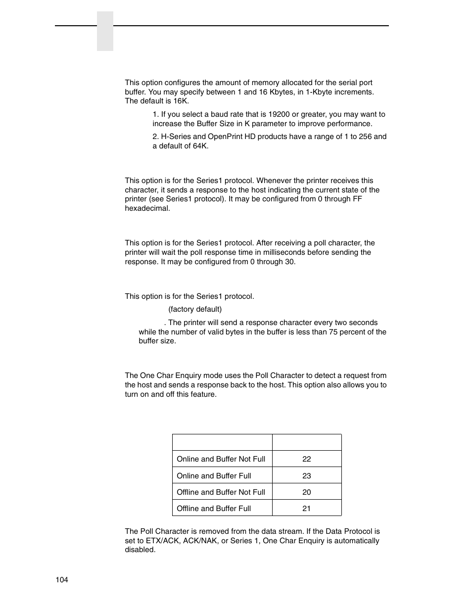 Buffer size in k, Poll character, Poll response | Idle response, One char enquiry | Printronix P8000 Series Cartridge Ribbon Printer User Manual | Page 104 / 414